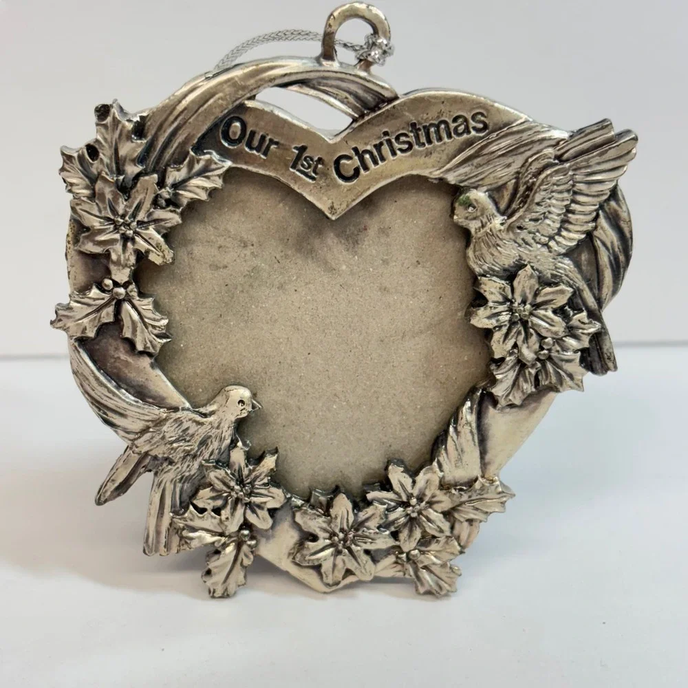 Vintage Pewter Christmas Ornament Our 1st Heart Photo Frame